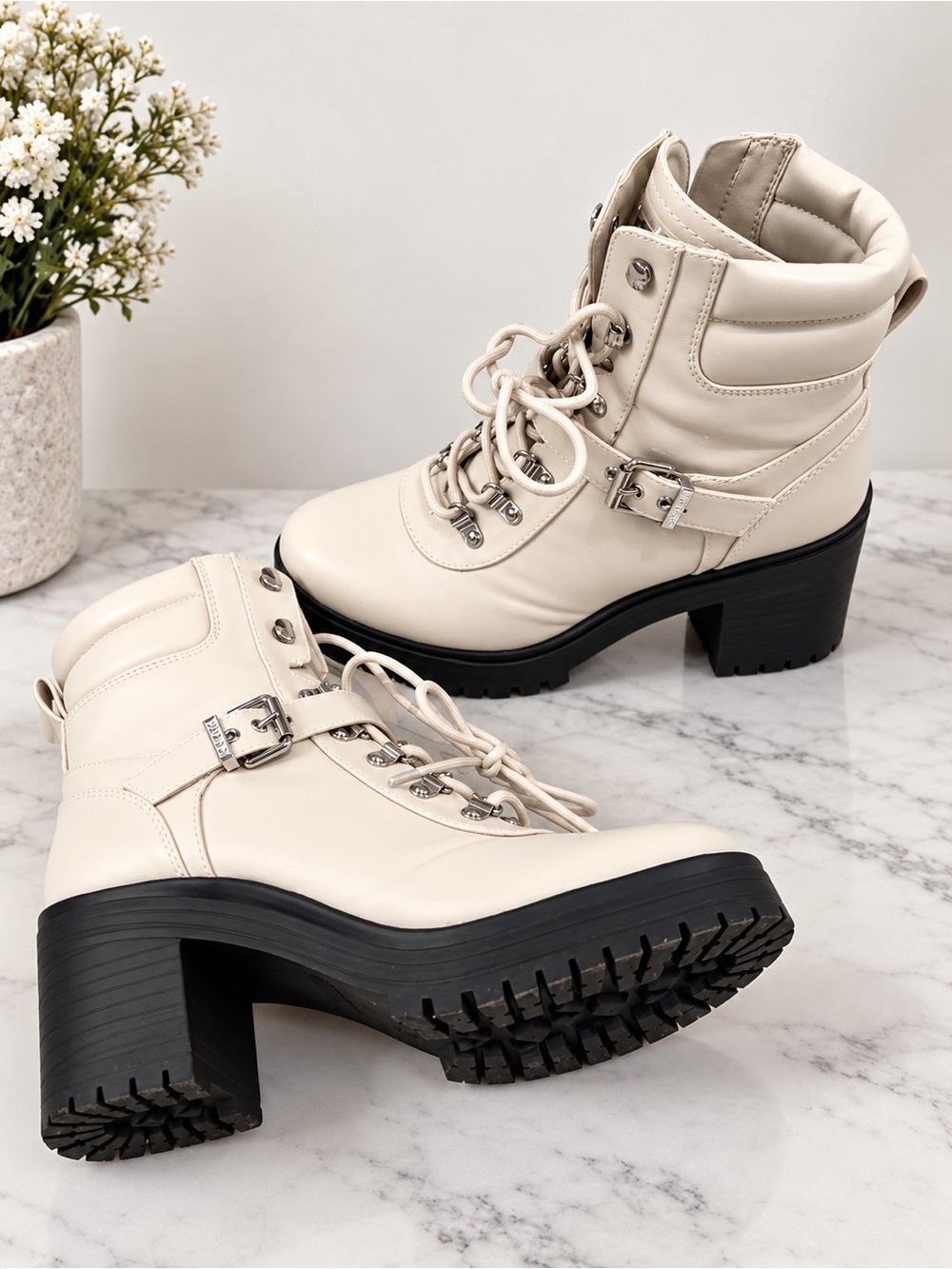 Guess Cream Lace-Up Lug Heel Boots with Buckle